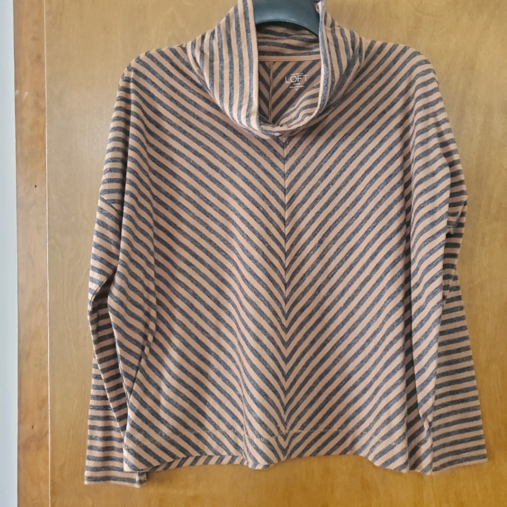 LOFT Petites Tan & Gray Striped Cowl Neck Long Sleeve Top